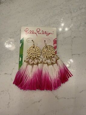 Lilly Pulitzer Gold Textured Disc Earrimgs with Pink Ombre Tassels